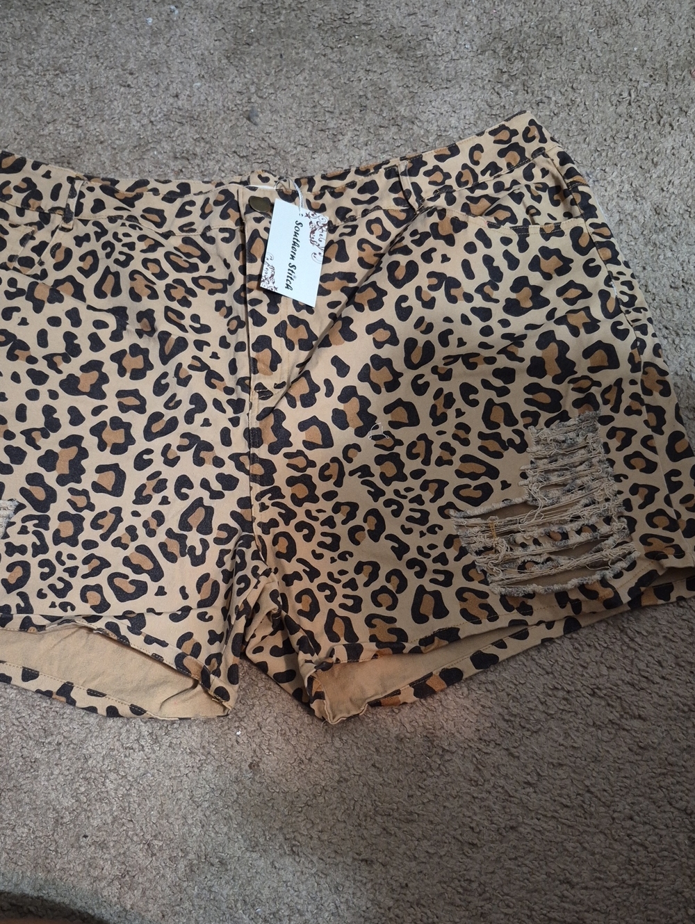 Leopard Print Distressed Women’s Jean Shorts - Tan